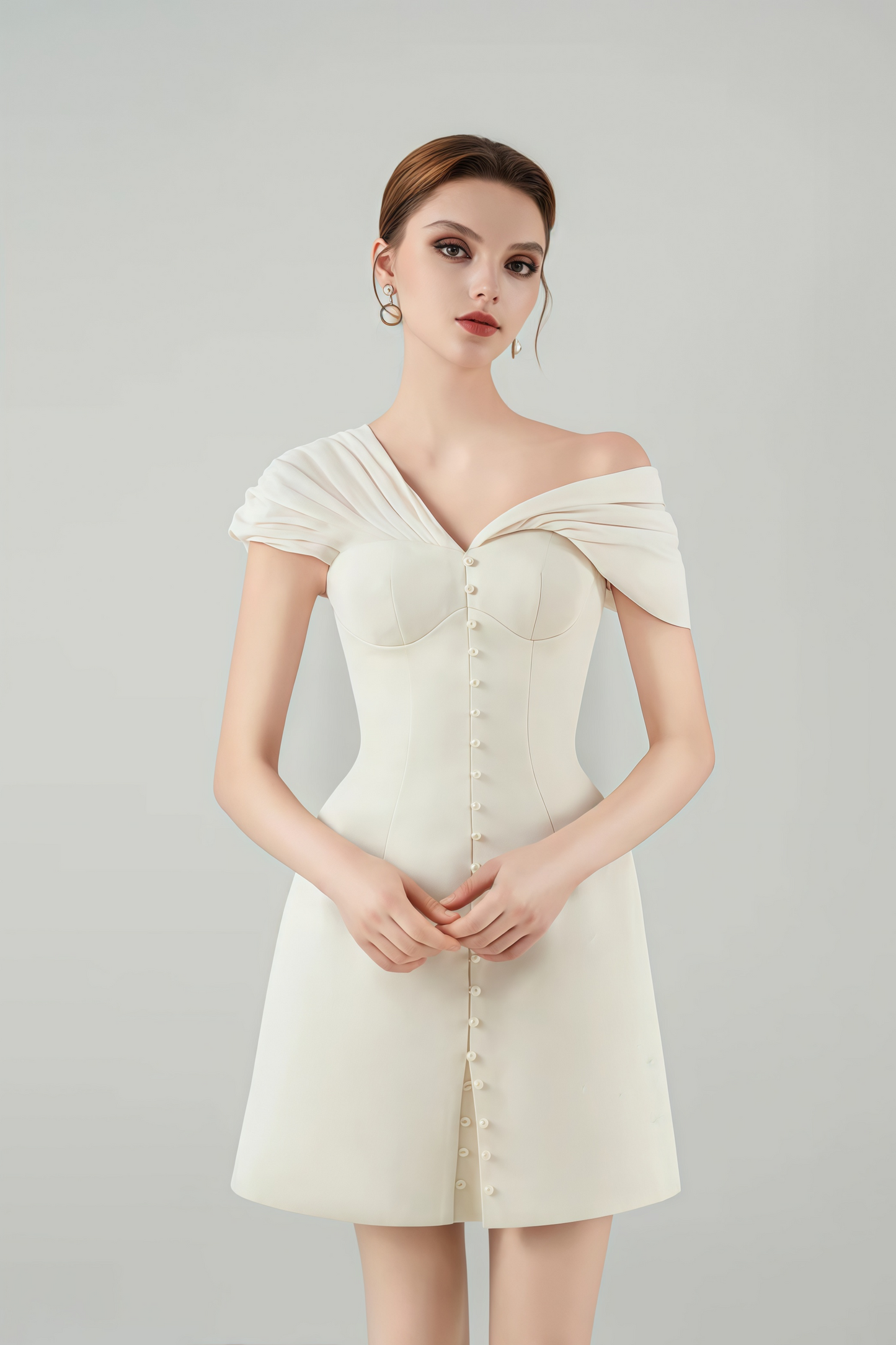 Vestido Mini Plunge Neck Ruched Branco Creme Alistair