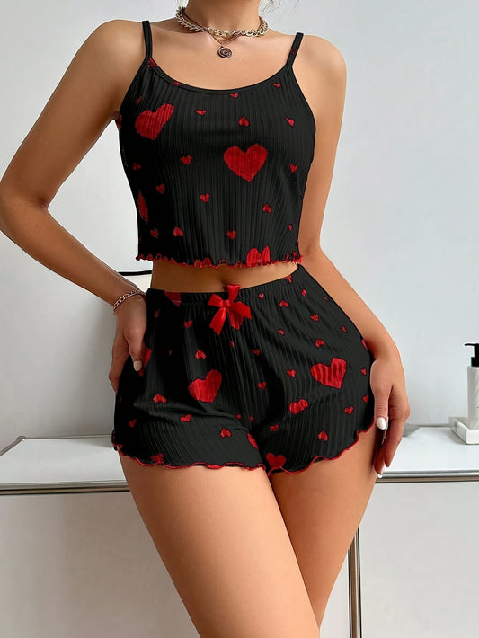 Conjunto de Loungewear e Pijamas Feminino com Estampa de Coração e Calções com Laço