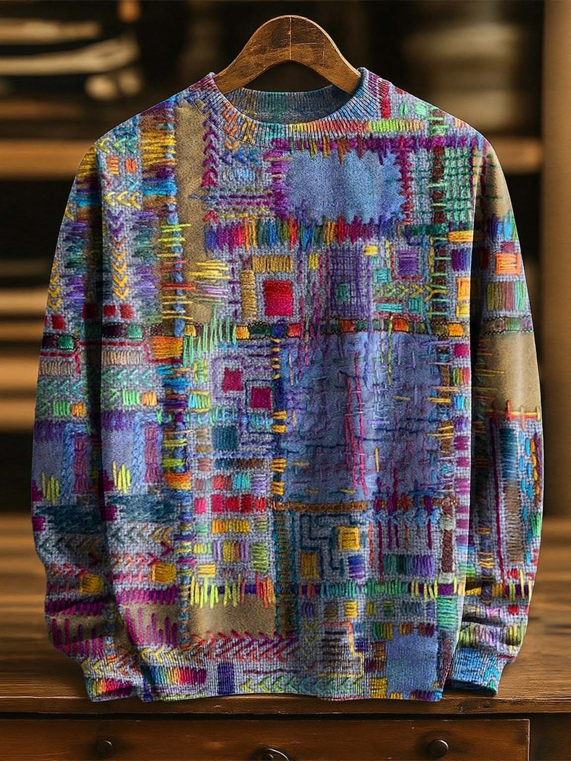 Pullover de Malha Étnica Vintage em Patchwork Roxo
