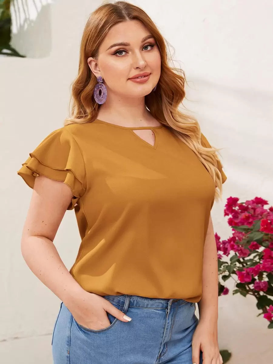 Reflora Plissado Camada Tiered Simples elegante Blusa de Tamanho Grande