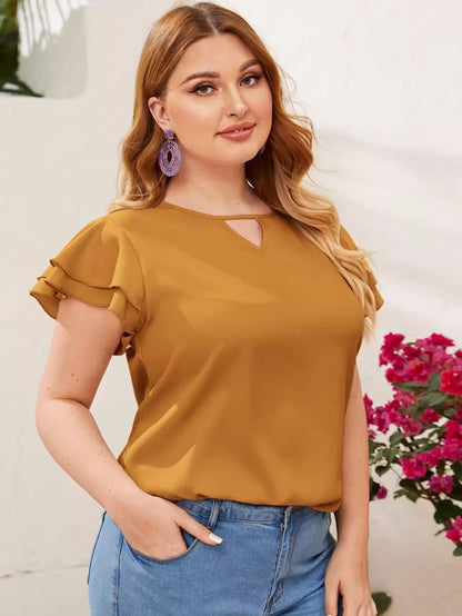 Reflora Plissado Camada Tiered Simples elegante Blusa de Tamanho Grande