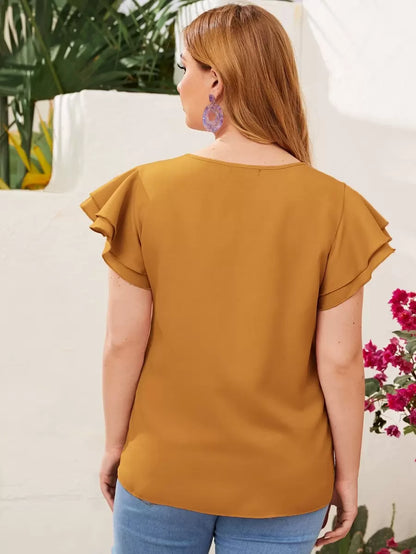 Reflora Plissado Camada Tiered Simples elegante Blusa de Tamanho Grande