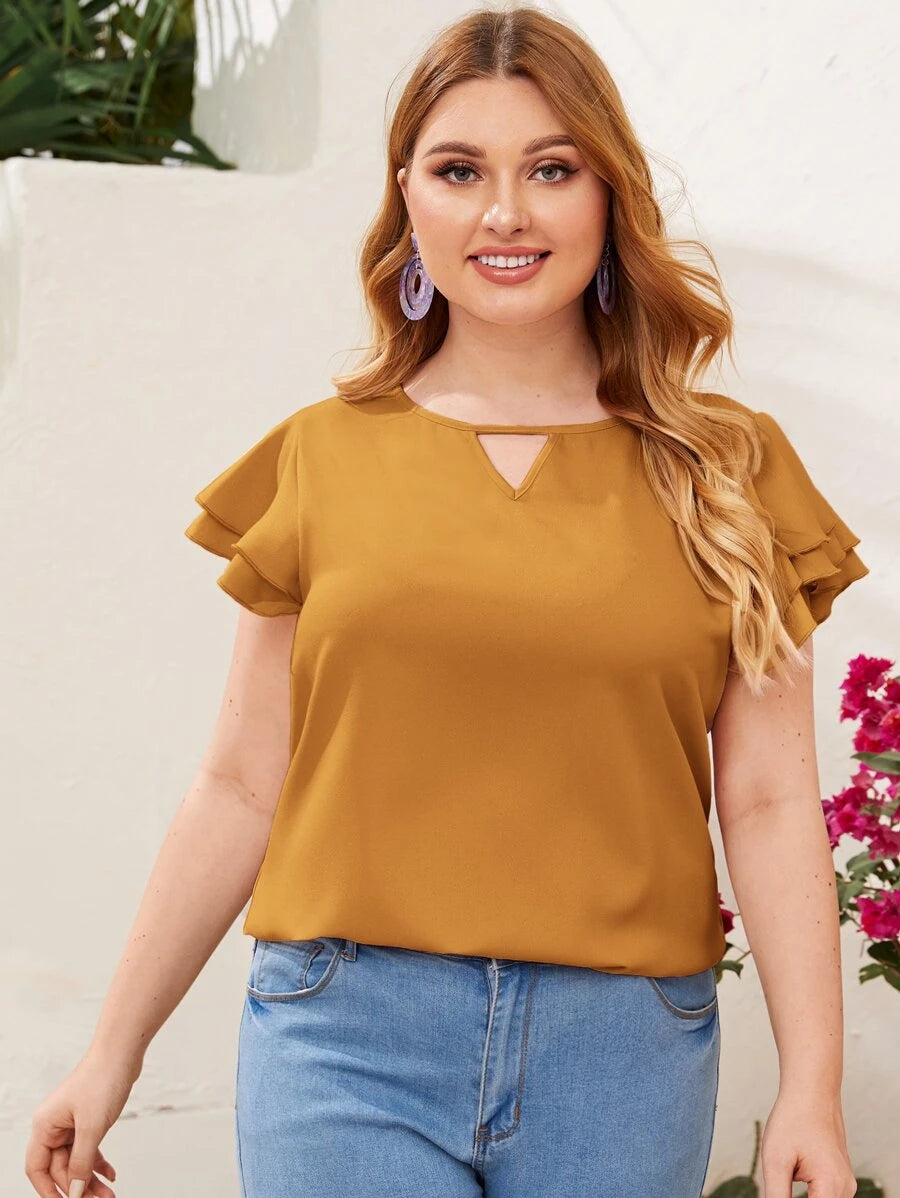 Reflora Plissado Camada Tiered Simples elegante Blusa de Tamanho Grande