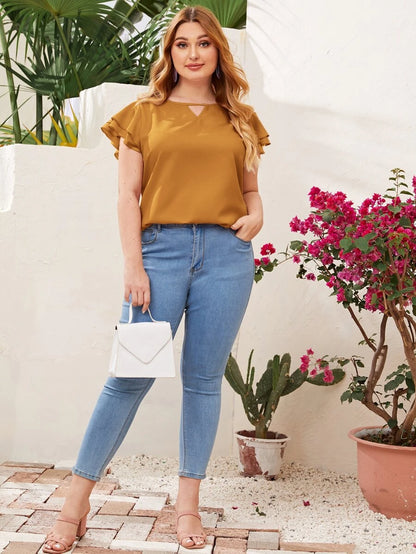 Reflora Plissado Camada Tiered Simples elegante Blusa de Tamanho Grande