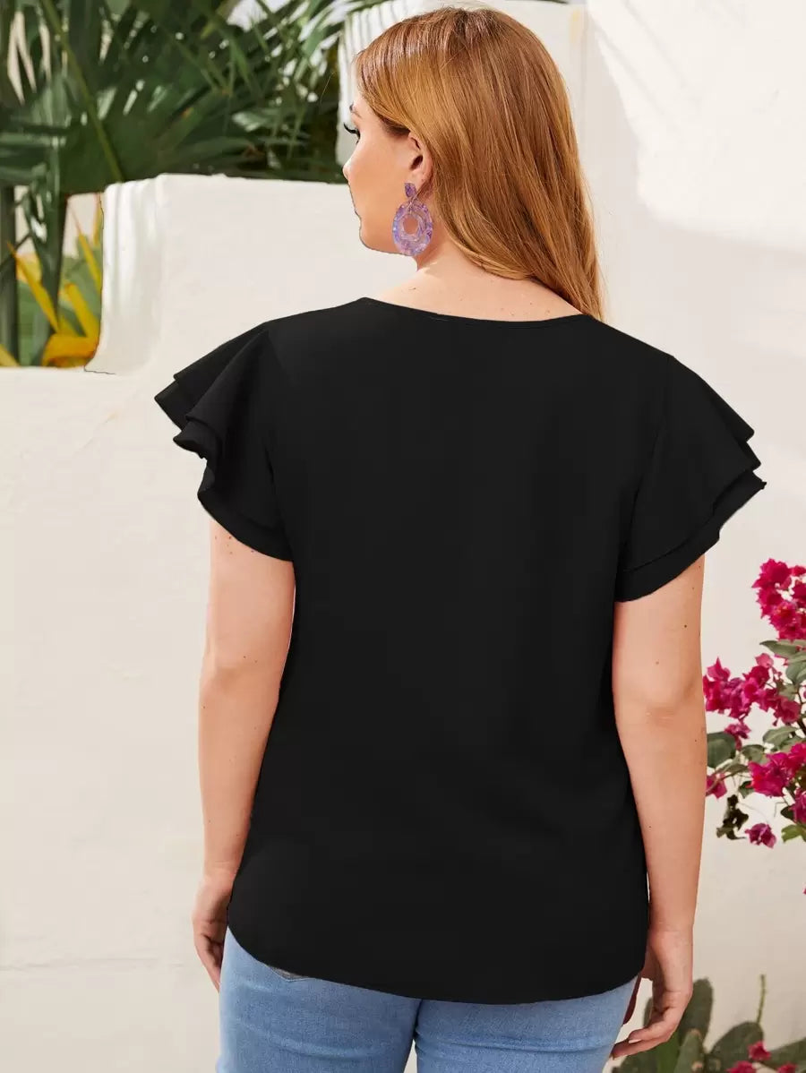 Reflora Plissado Camada Tiered Simples elegante Blusa de Tamanho Grande