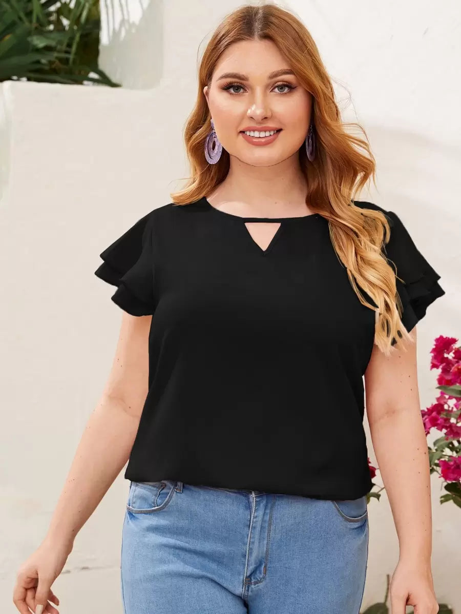 Reflora Plissado Camada Tiered Simples elegante Blusa de Tamanho Grande