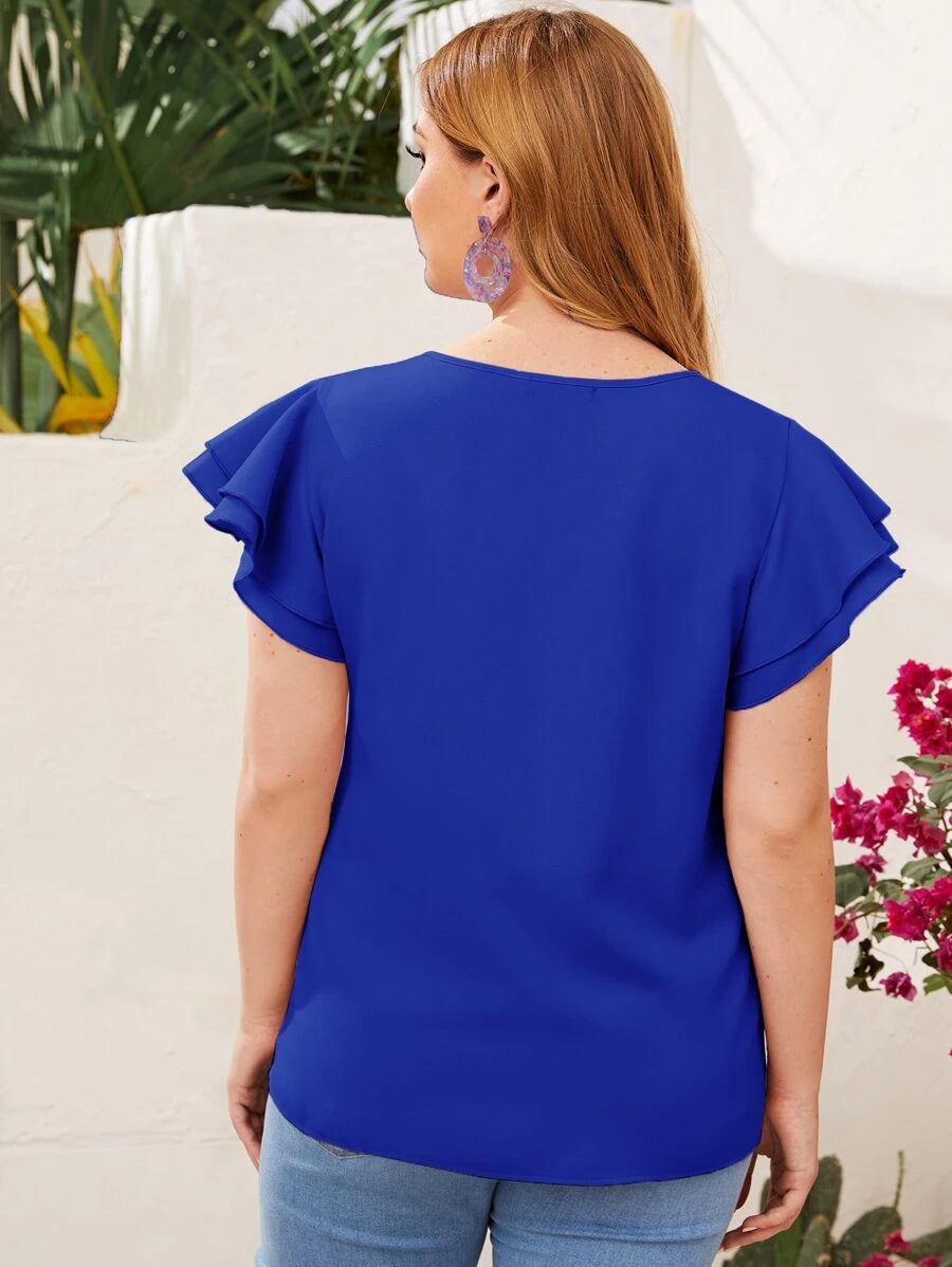 Reflora Plissado Camada Tiered Simples elegante Blusa de Tamanho Grande