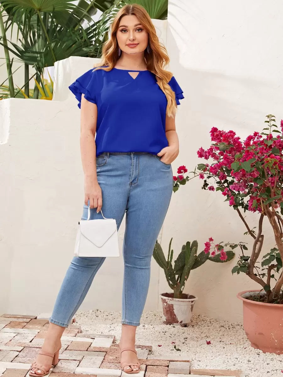 Reflora Plissado Camada Tiered Simples elegante Blusa de Tamanho Grande
