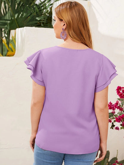 Reflora Plissado Camada Tiered Simples elegante Blusa de Tamanho Grande