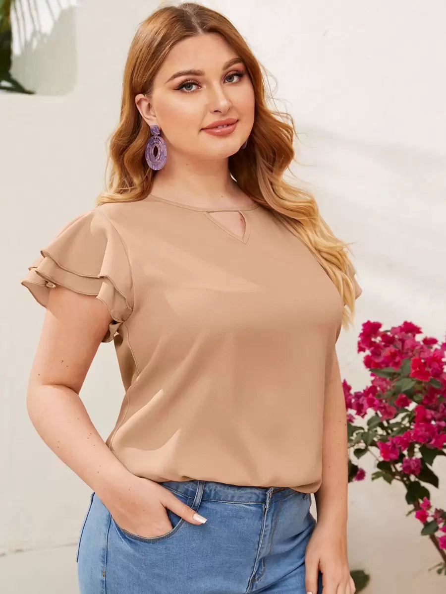 Reflora Plissado Camada Tiered Simples elegante Blusa de Tamanho Grande