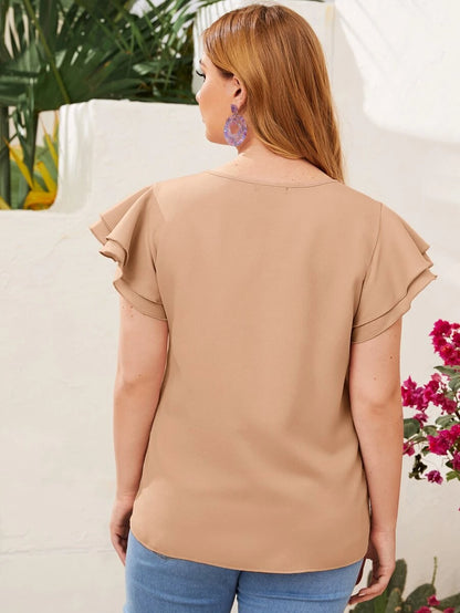 Reflora Plissado Camada Tiered Simples elegante Blusa de Tamanho Grande