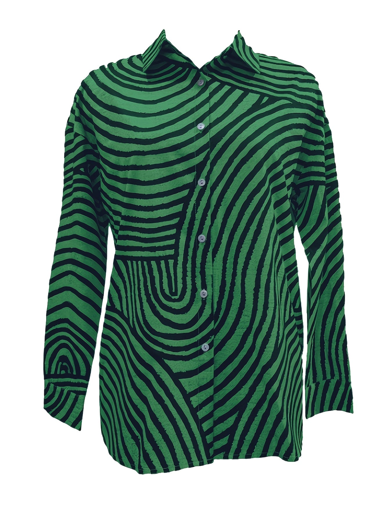 Camisa Feminina de Gola com Manga Longa Listrada Regular Solta