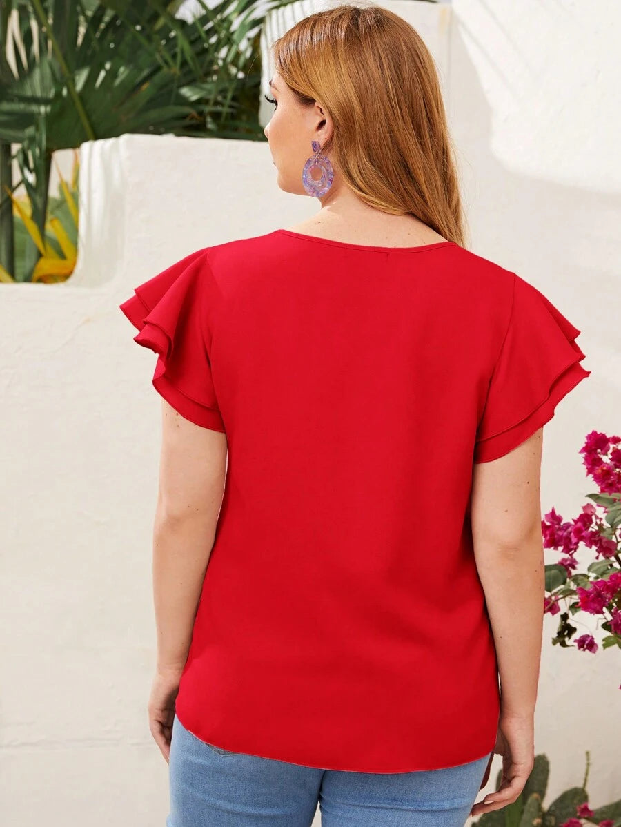 Reflora Plissado Camada Tiered Simples elegante Blusa de Tamanho Grande