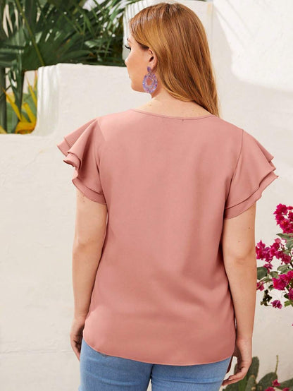 Reflora Plissado Camada Tiered Simples elegante Blusa de Tamanho Grande