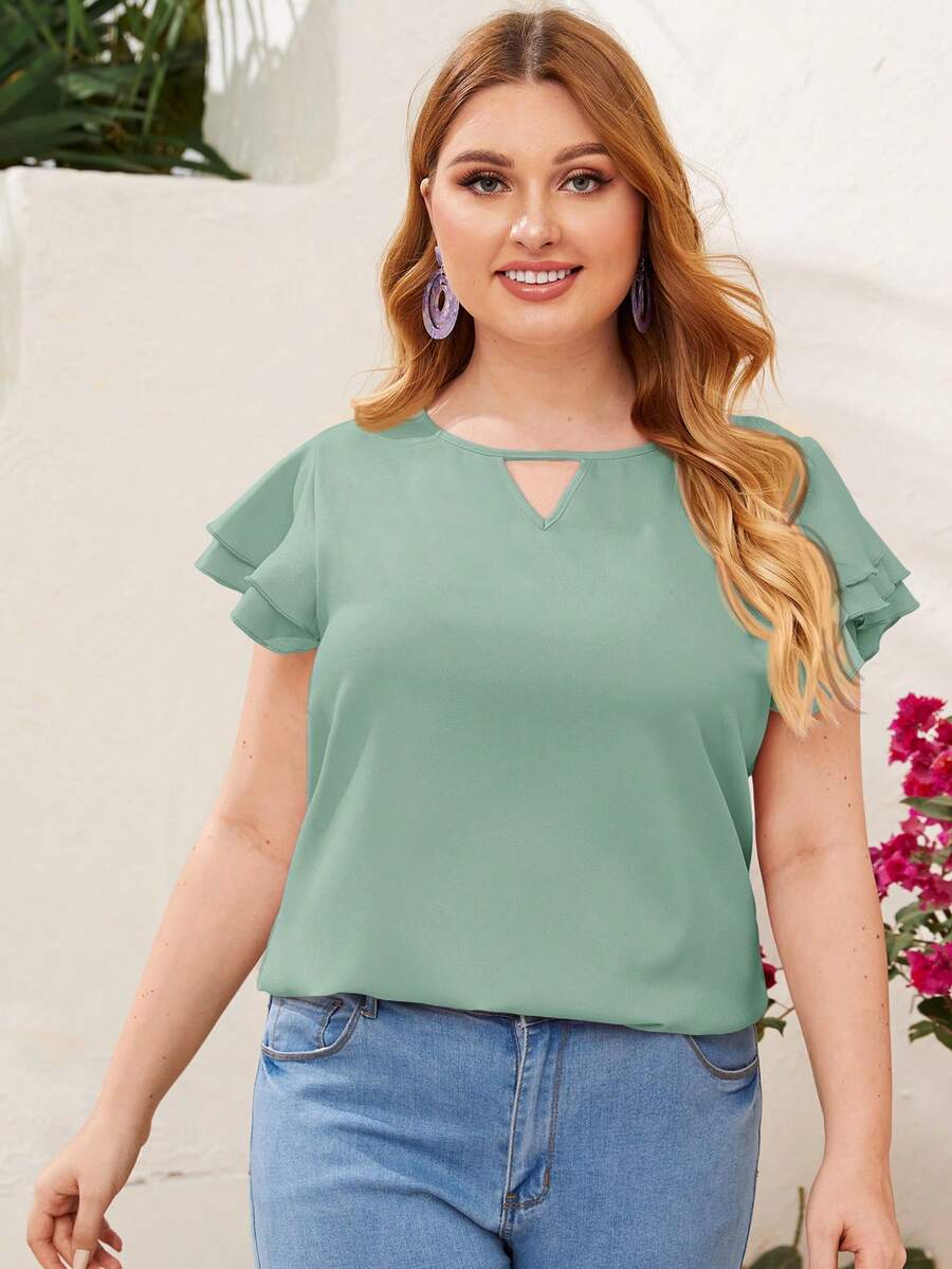Reflora Plissado Camada Tiered Simples elegante Blusa de Tamanho Grande