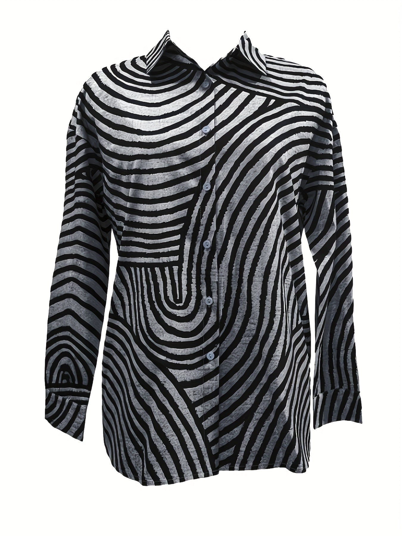 Camisa Feminina de Gola com Manga Longa Listrada Regular Solta
