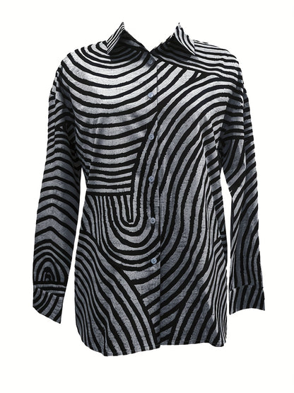 Camisa Feminina de Gola com Manga Longa Listrada Regular Solta