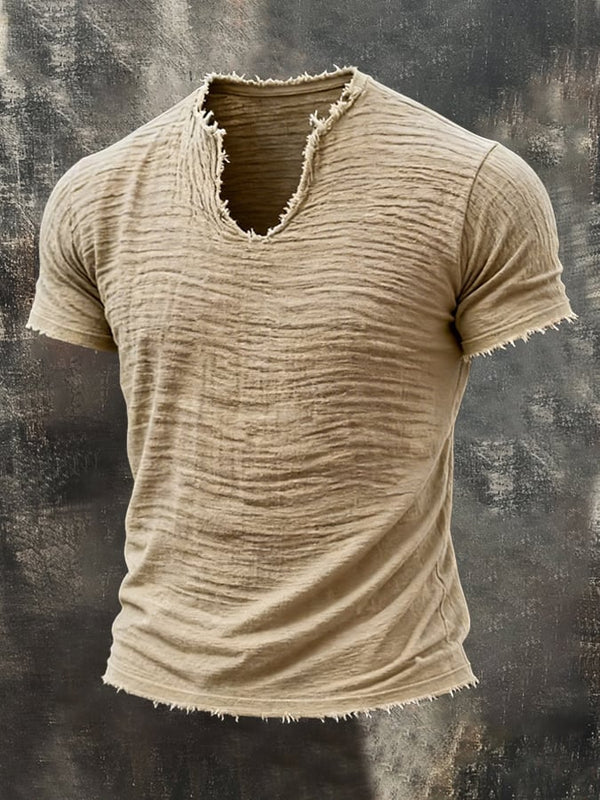 T-Shirt Masculina Retro em Algodão Linho com Borda Desfiada, Decote em V Especial e Manga Curta
