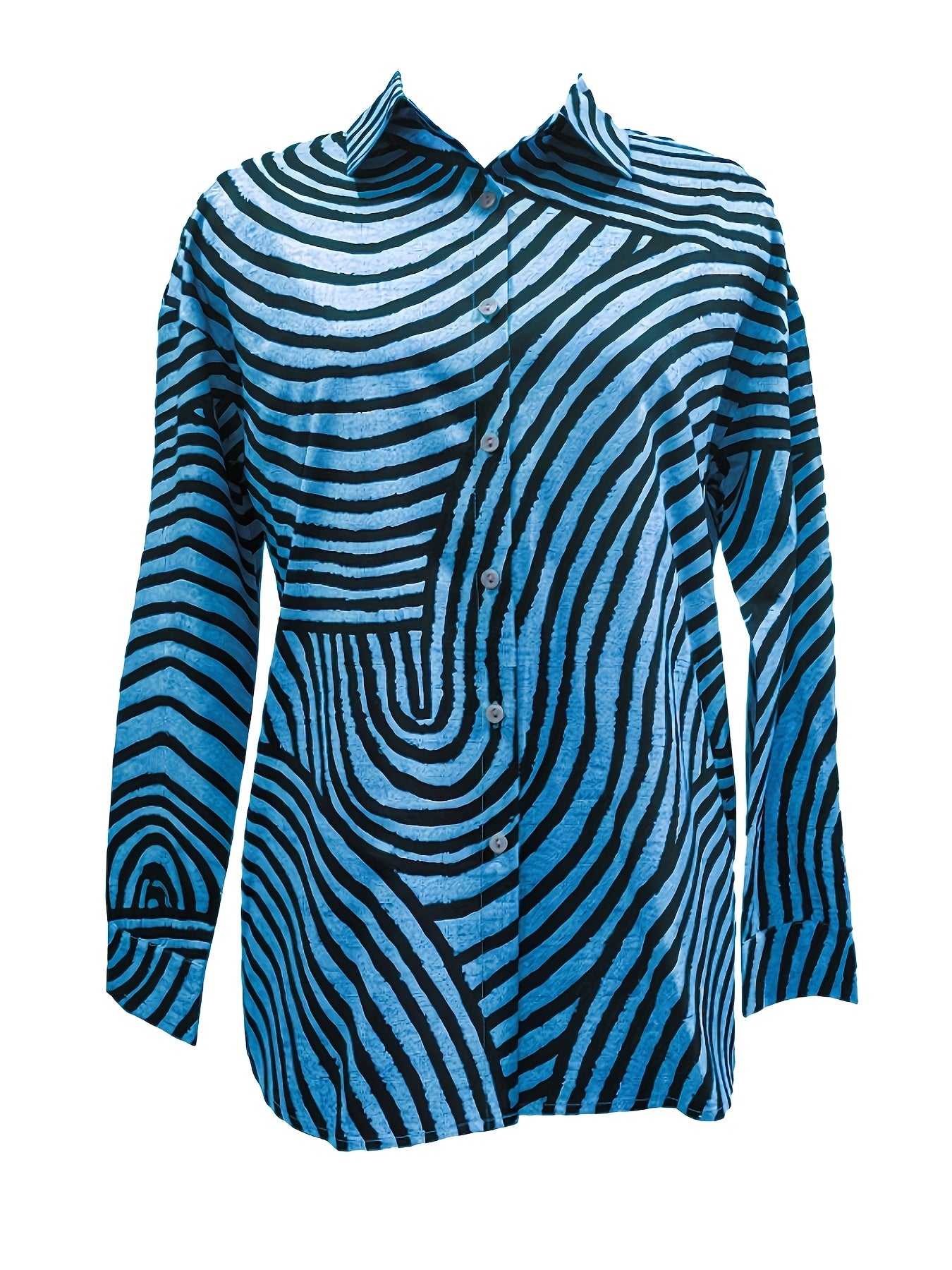 Camisa Feminina de Gola com Manga Longa Listrada Regular Solta