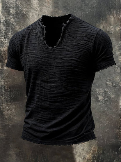 T-Shirt Masculina Retro em Algodão Linho com Borda Desfiada, Decote em V Especial e Manga Curta