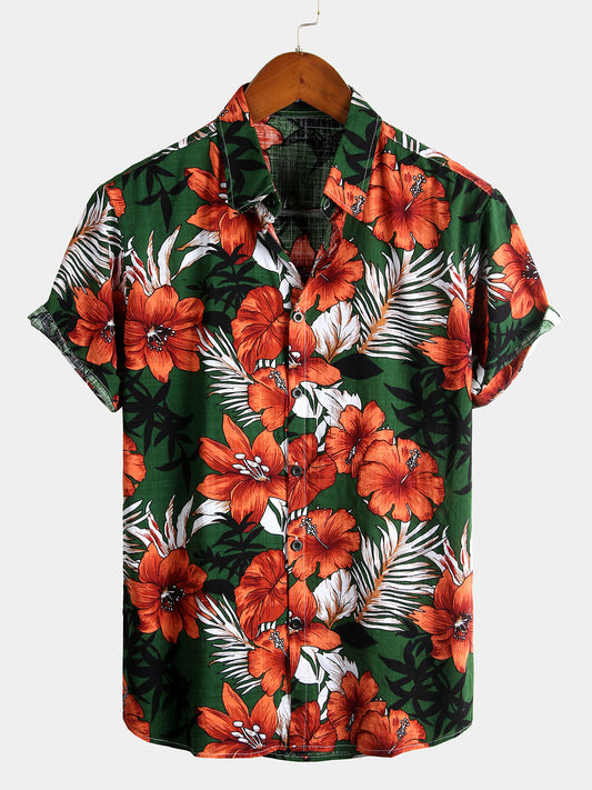 Camisa de Algodão Tropical Havai de Manga Curta para Homem em Verde com Padrão Floral