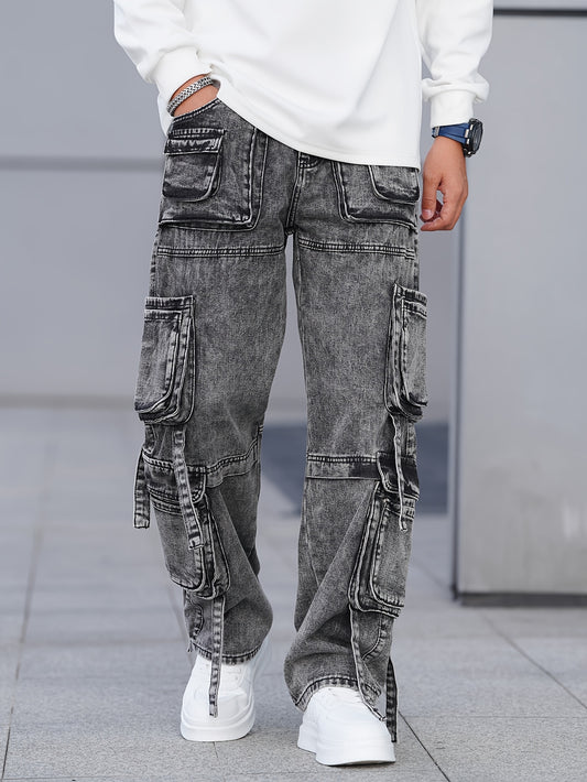 Calças IronDistrict Cargo Denim de Perna Larga Multi-Bolsos