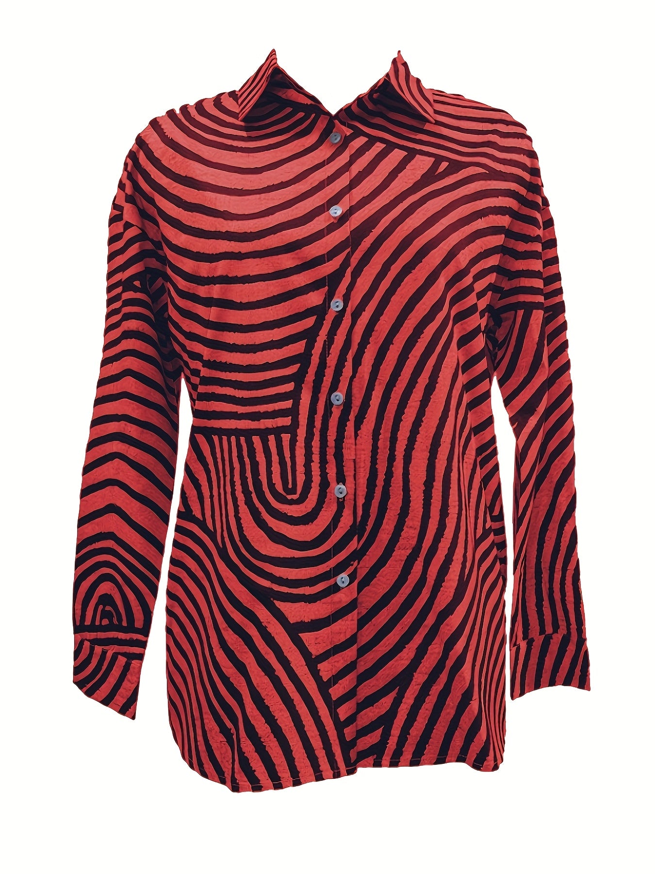 Camisa Feminina de Gola com Manga Longa Listrada Regular Solta