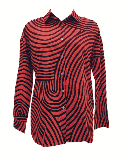 Camisa Feminina de Gola com Manga Longa Listrada Regular Solta