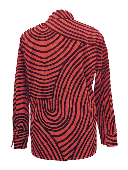 Camisa Feminina de Gola com Manga Longa Listrada Regular Solta