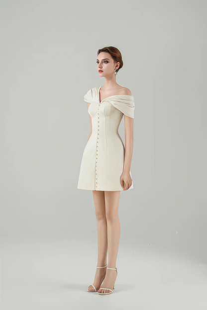 Vestido Mini Plunge Neck Ruched Branco Creme Alistair