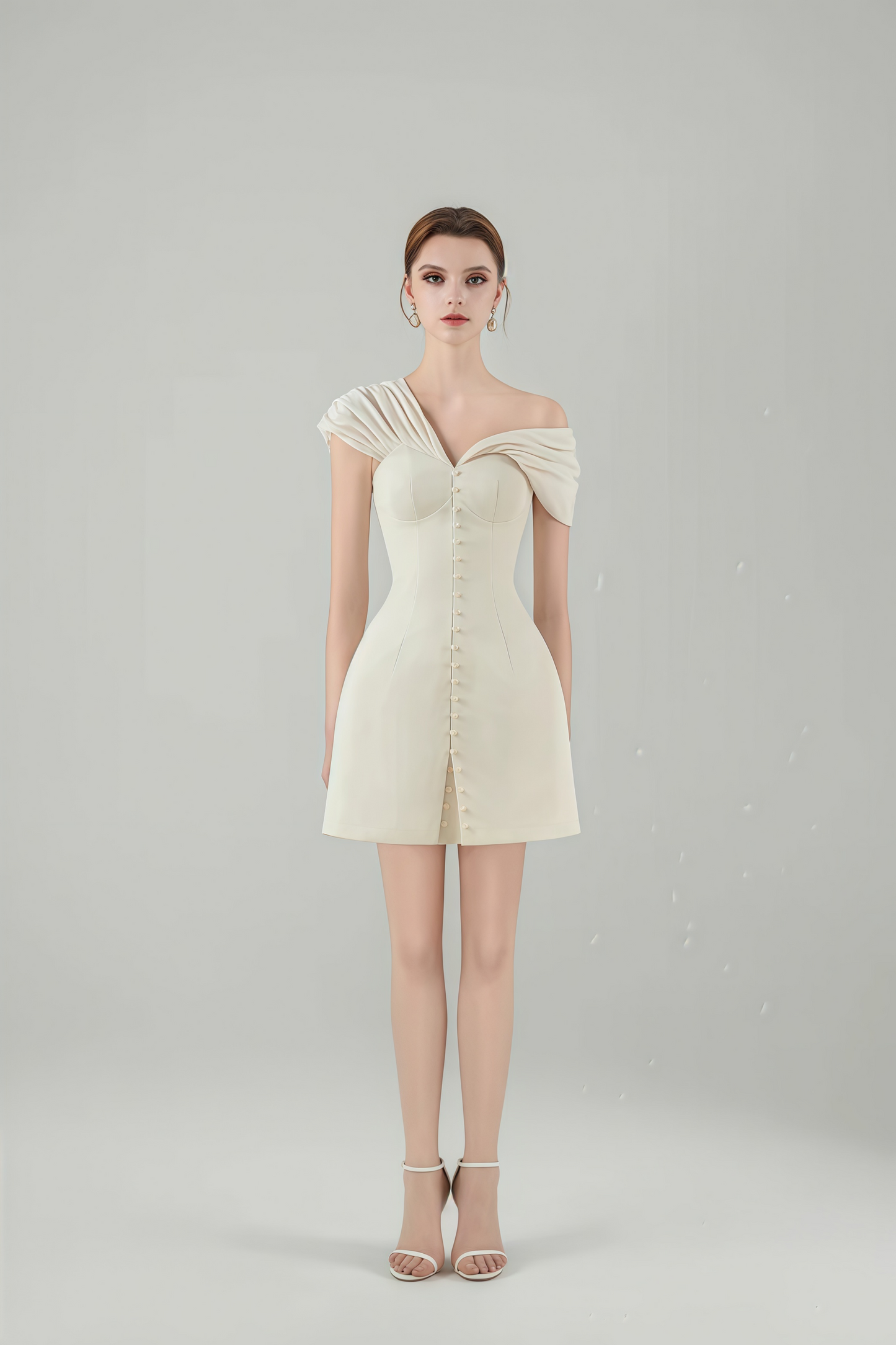 Vestido Mini Plunge Neck Ruched Branco Creme Alistair