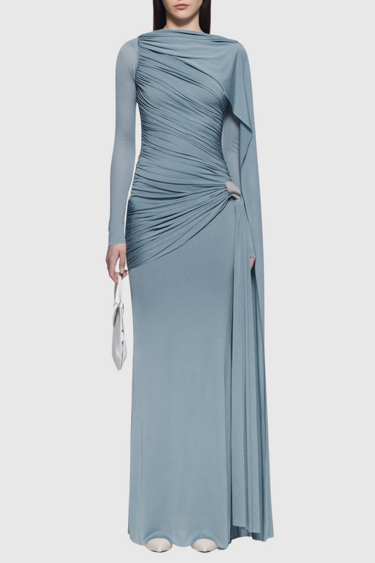 Vestido Maxi Pregueado com Flap Assimétrico Betsey - Azul