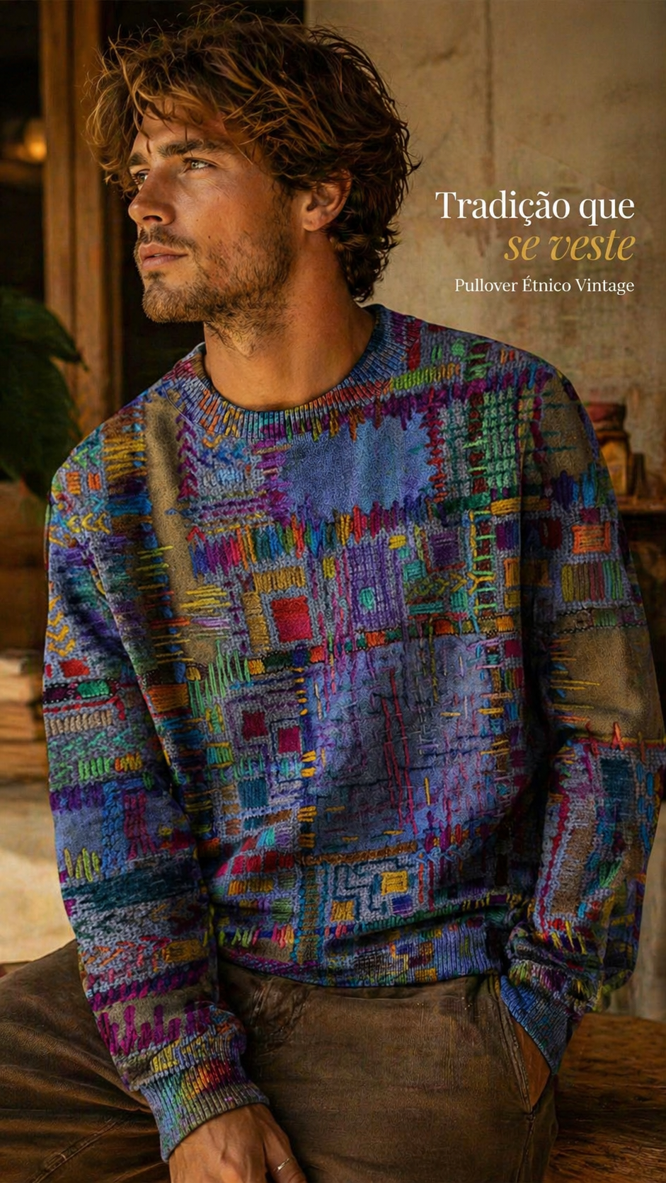 Pullover de Malha Étnica Vintage em Patchwork Roxo