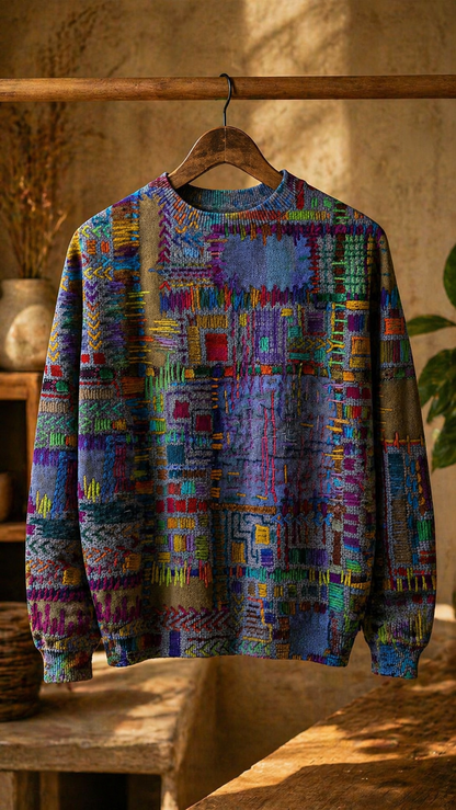 Pullover de Malha Étnica Vintage em Patchwork Roxo