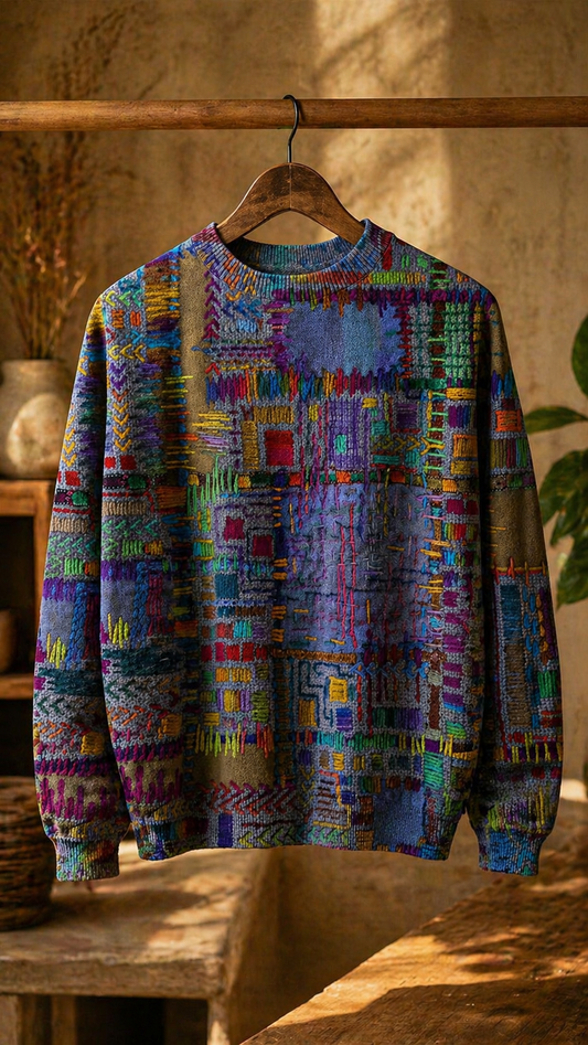 Pullover de Malha Étnica Vintage em Patchwork Roxo