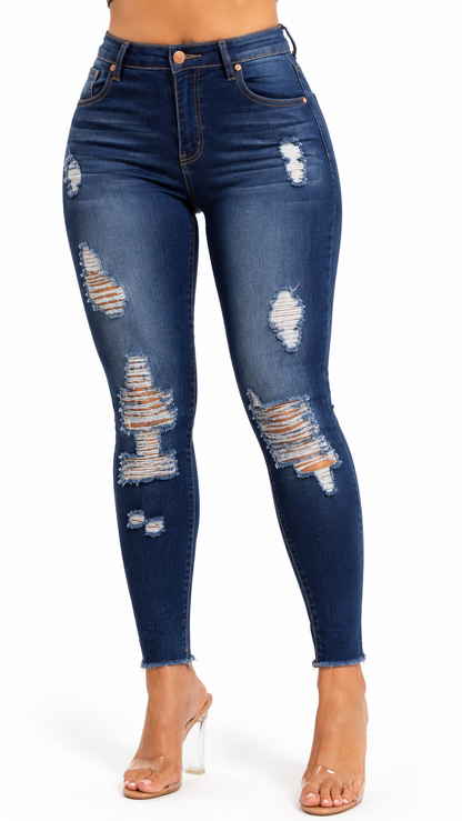 Jeans SculptFit Luxe Skinny de Cintura Alta com Efeito Desgastado