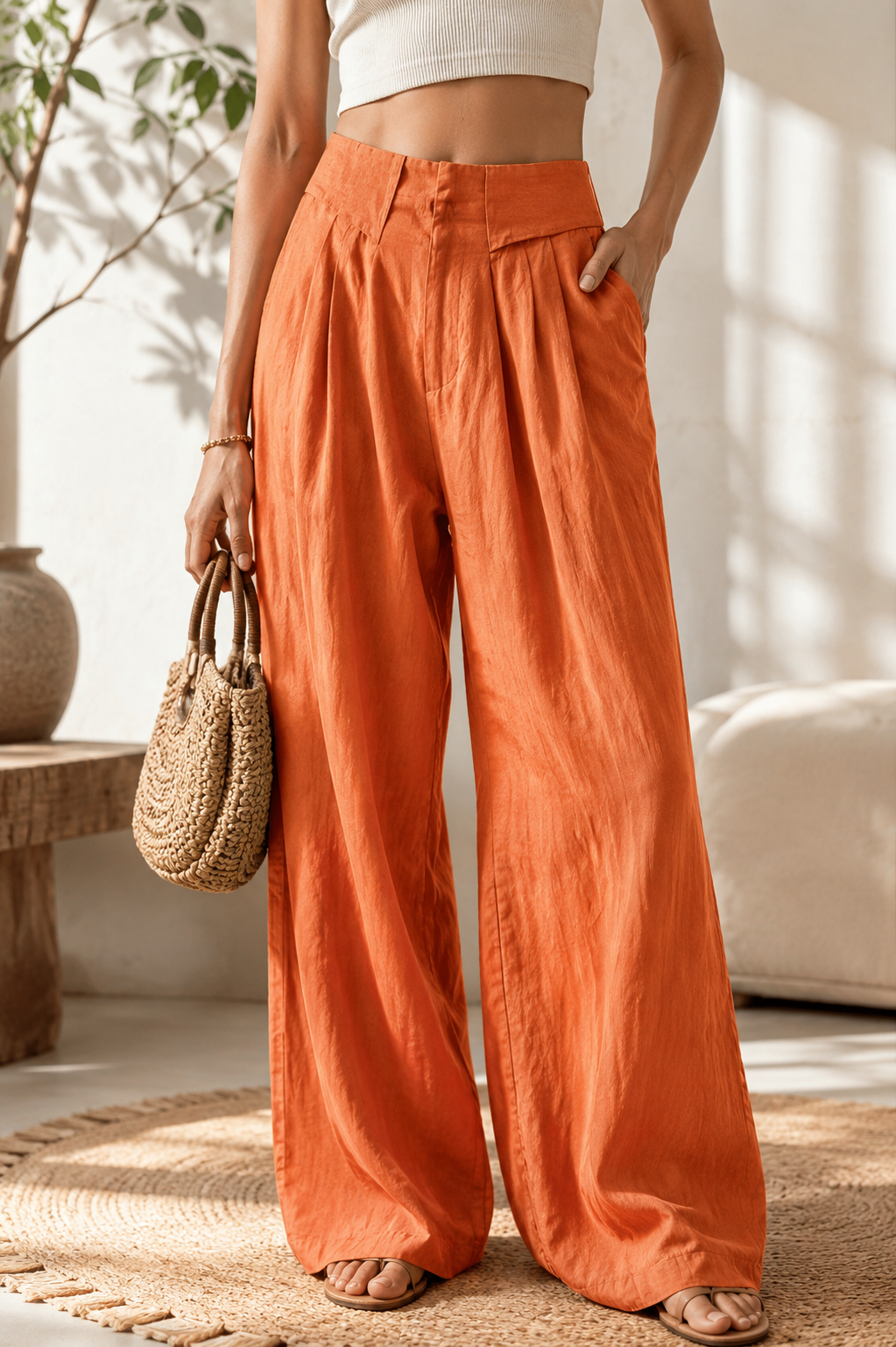 Calças Sahara Breeze Luxe de Perna Larga em Estilo Linen