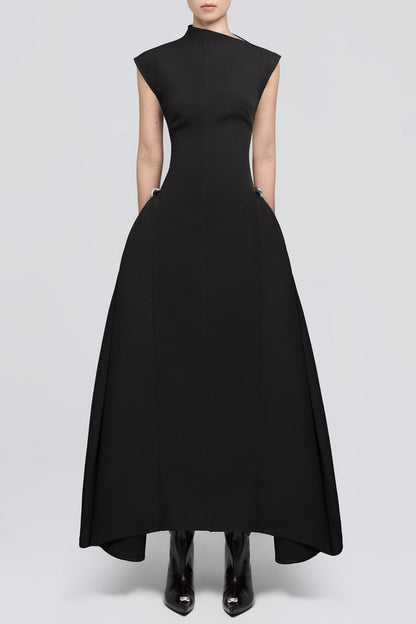 Vestido Midi Flare com Drapes Simétricos Eorkone - Preto