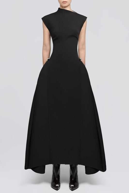 Vestido Midi Flare com Drapes Simétricos Eorkone - Preto
