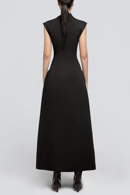Vestido Midi Flare com Drapes Simétricos Eorkone - Preto