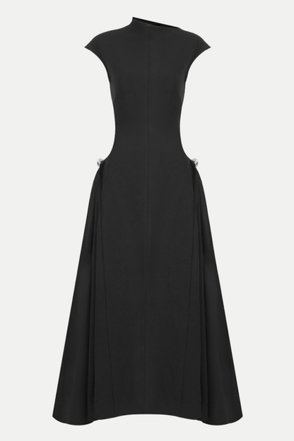 Vestido Midi Flare com Drapes Simétricos Eorkone - Preto