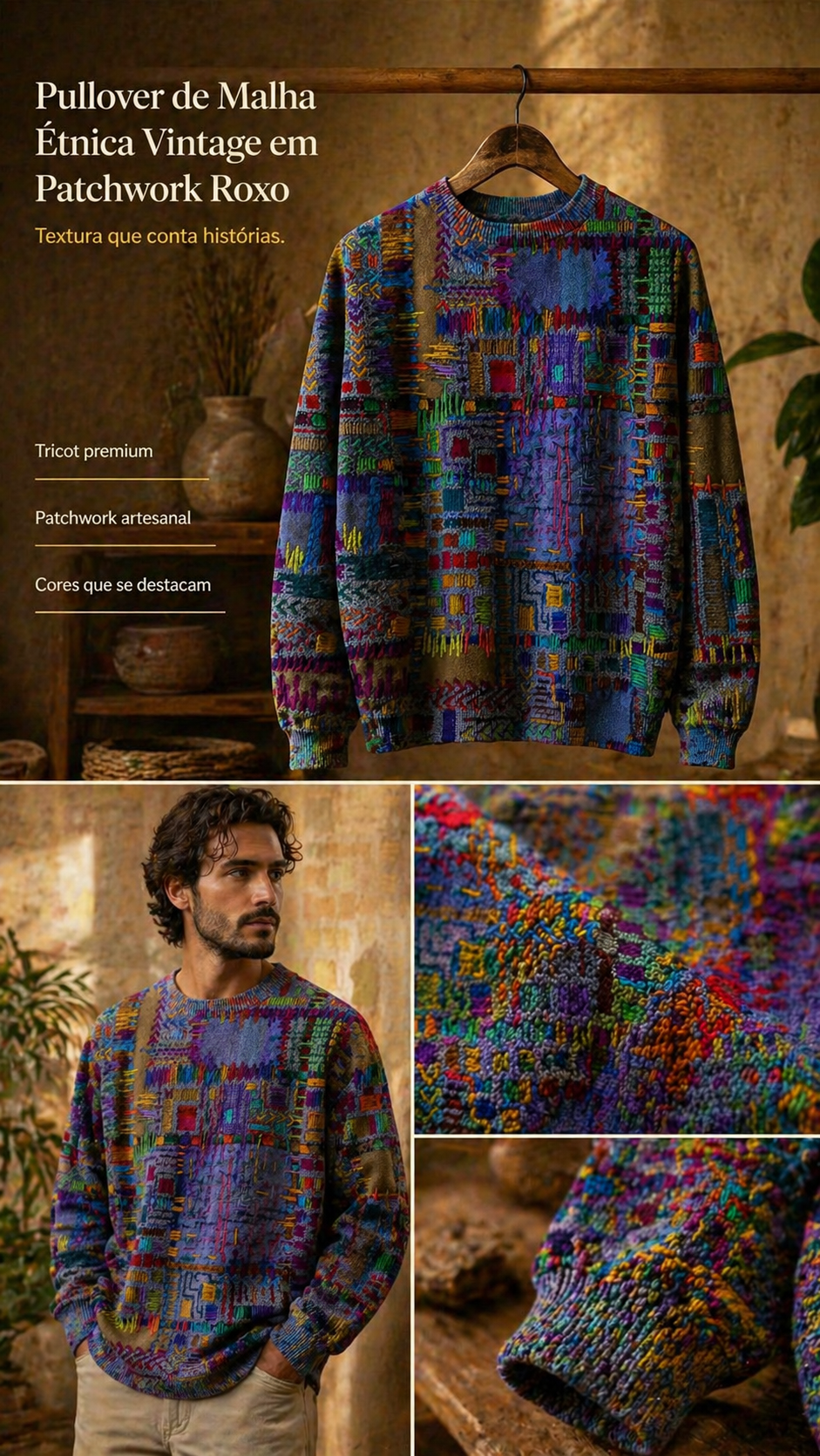 Pullover de Malha Étnica Vintage em Patchwork Roxo