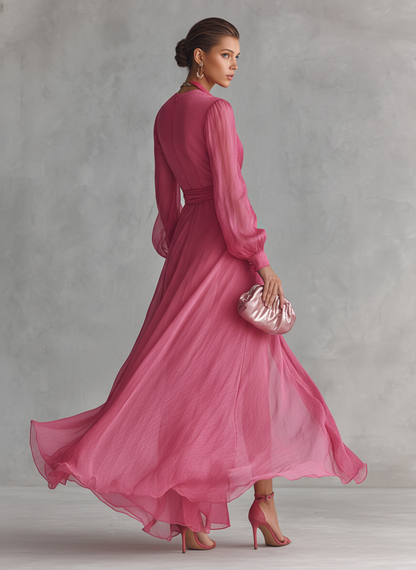 Vestido de Chiffon Rosa com Decote em V