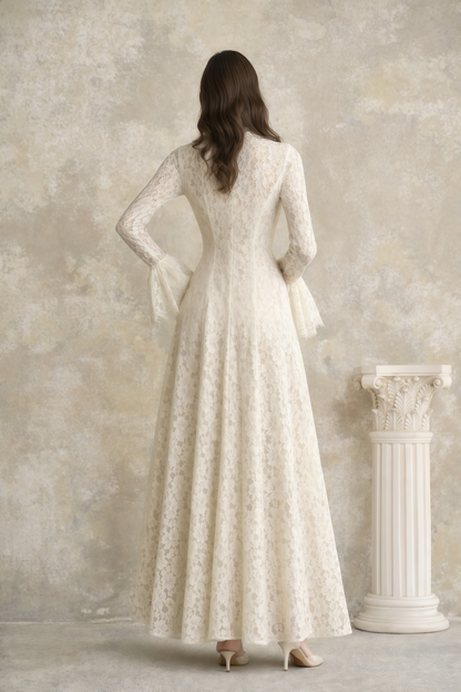 Vestido Maxi de Renda Floral com Gola Alta Nasrin Branco