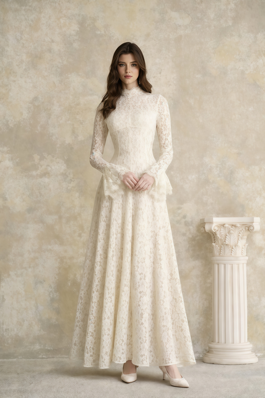 Vestido Maxi de Renda Floral com Gola Alta Nasrin Branco