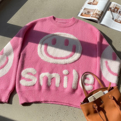 Suéter oversized com estampa de sorriso fofo