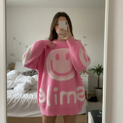 Suéter oversized com estampa de sorriso fofo