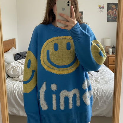 Suéter oversized com estampa de sorriso fofo