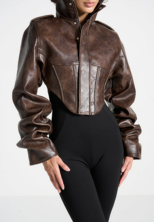Solange — Casaco Corset Vintage em Pele com Mangas Presas — Castanho