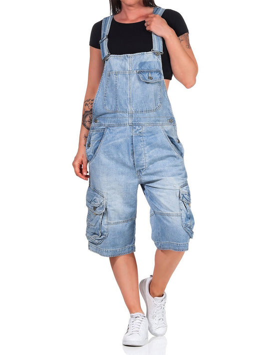 Macacão Curto Denim Cargo Premium para Mulher